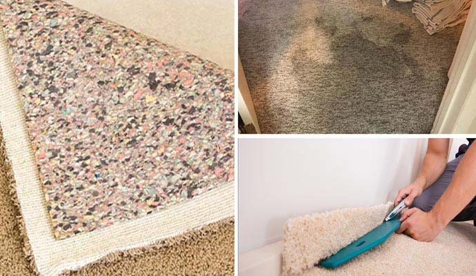 collage of carpet padding repair, water damaged carpet, and carpet stretching