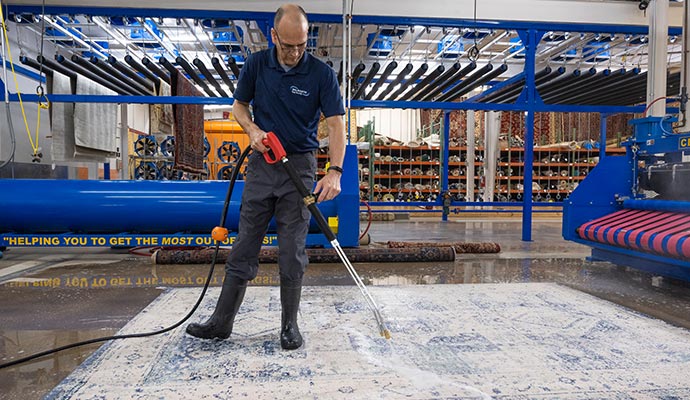 person cleaning rug with equipment